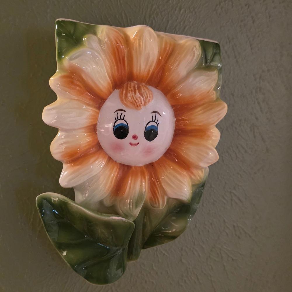 Vintage Large Sunflower Face Wall Pocket Planter Anthropomorphic Japan MCM
